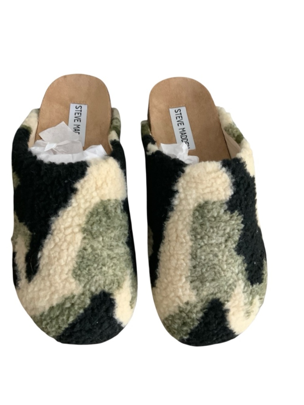 Steve Madden Plush Camo Faux Shearling Clogs in Cream, Black & Olive SZ 7